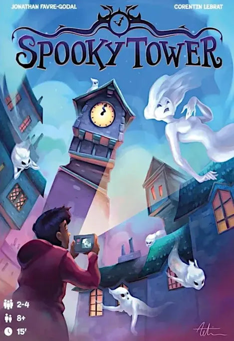 Cover of 'Spooky Tower' with a clock tower, ghosts, and a person taking a photo.