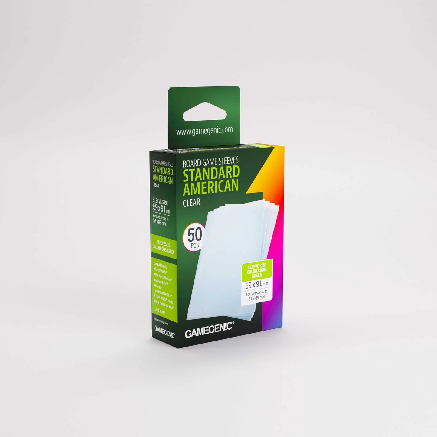 Box of Gamegenic Standard American clear sleeves on a white background