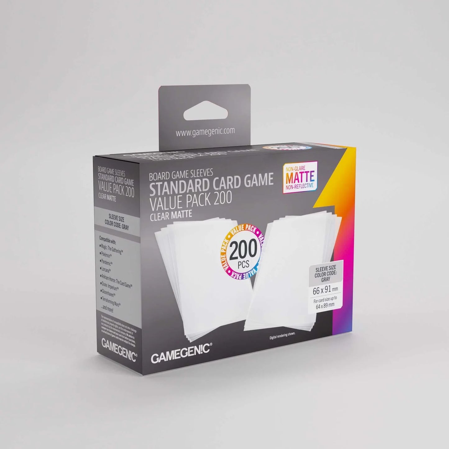 Box of Gamegenic standard card game sleeves on a gray background