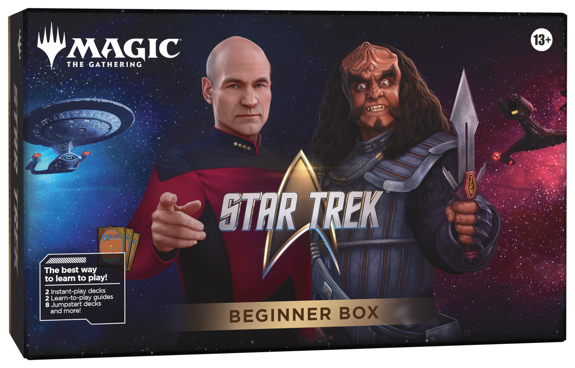 Magic: The Gathering Star Trek Beginner Box board game package, featuring Captain Picard and a Star Trek crewmate on a starry space background with spacecraft and the Star Trek logo.