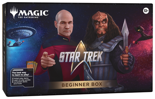 Magic: The Gathering Star Trek Beginner Box board game package, featuring Captain Picard and a Star Trek crewmate on a starry space background with spacecraft and the Star Trek logo.