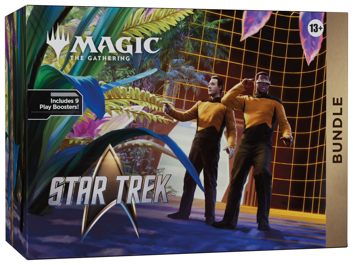Magic: The Gathering Star Trek Bundle box set, featuring artwork of two Star Trek crew members in yellow uniforms against a space-themed background with the Magic logo and Star Trek insignia.