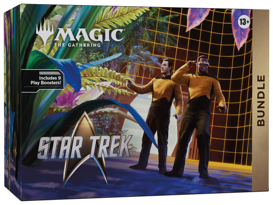 Magic: The Gathering Star Trek Bundle box set, featuring artwork of two Star Trek crew members in yellow uniforms against a space-themed background with the Magic logo and Star Trek insignia.