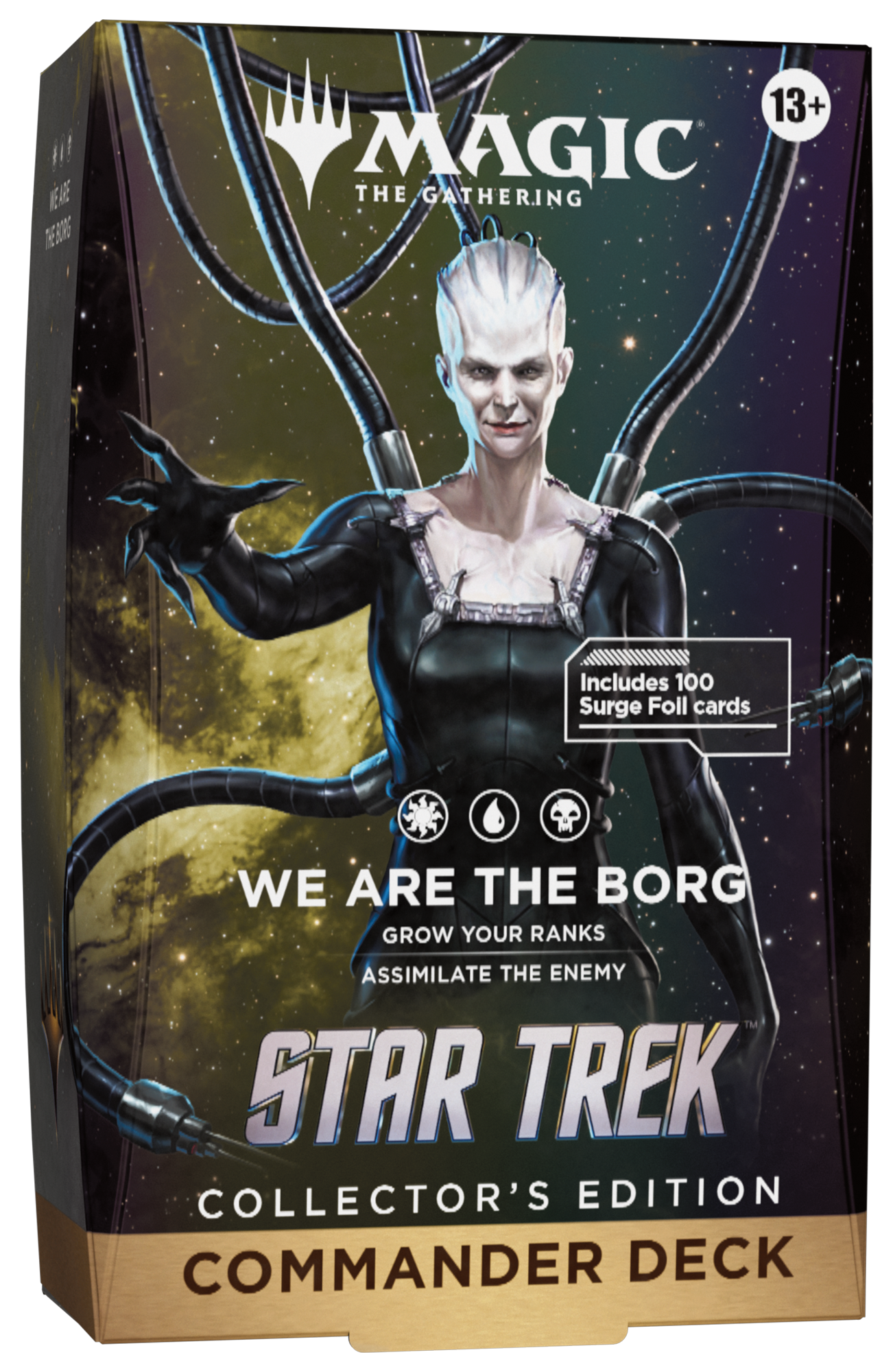 Magic: The Gathering Star Trek Collector's Edition Commander Deck box featuring a Borg character on the front, with 'Includes 100 Surge Foil Cards' text and a 13+ age rating.