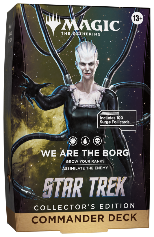 Magic: The Gathering Star Trek Collector's Edition Commander Deck box featuring a Borg character on the front, with 'Includes 100 Surge Foil Cards' text and a 13+ age rating.