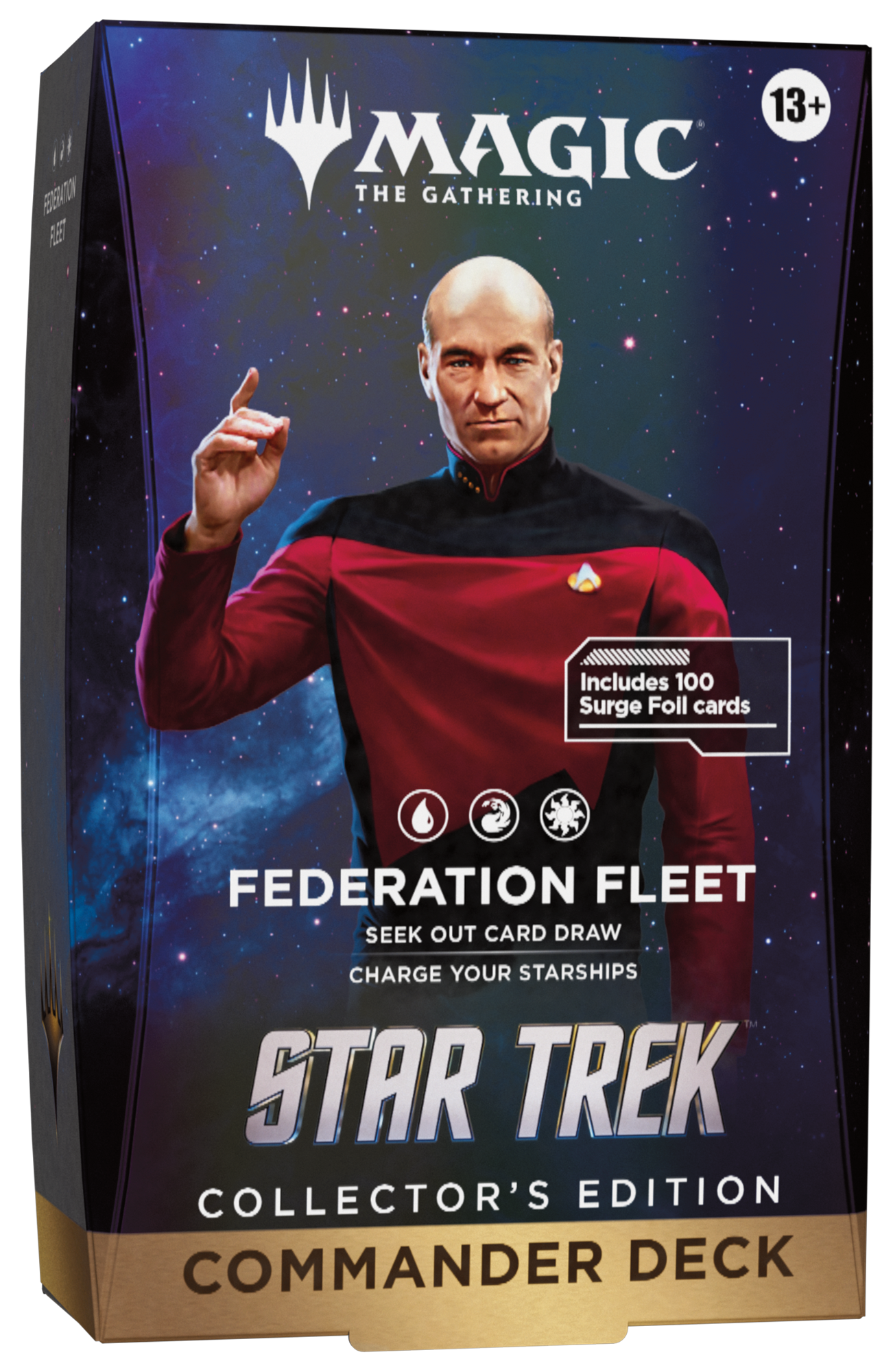 Magic: The Gathering Star Trek Collector's Edition Commander Deck box featuring a portrait of Captain Picard against a starry space background, with product text and a Magic logo visible.