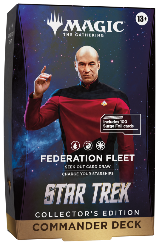 Magic: The Gathering Star Trek Collector's Edition Commander Deck box featuring a portrait of Captain Picard against a starry space background, with product text and a Magic logo visible.