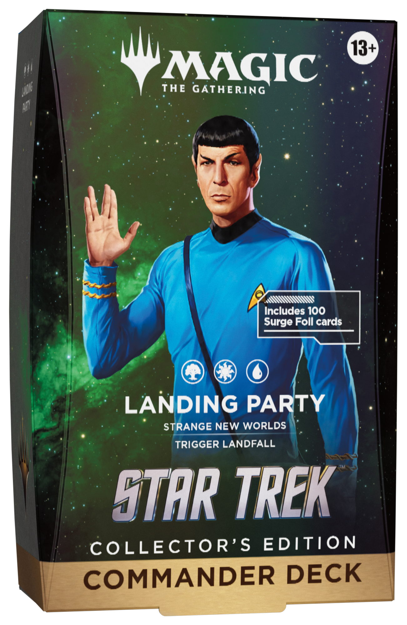 Magic: The Gathering Star Trek Collector's Edition Commander Deck box featuring Spock in a blue Star Trek uniform against a green starry space background.