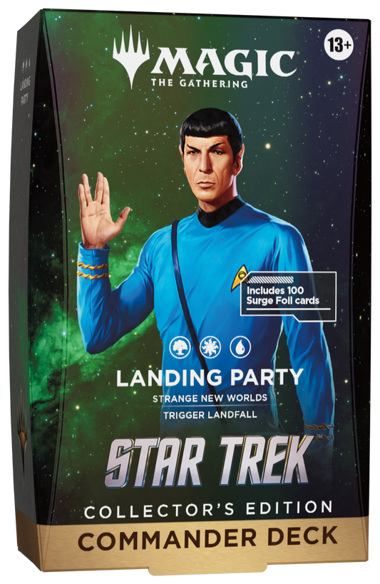 Magic: The Gathering Star Trek Collector's Edition Commander Deck box featuring Spock in a blue Star Trek uniform against a green starry space background.