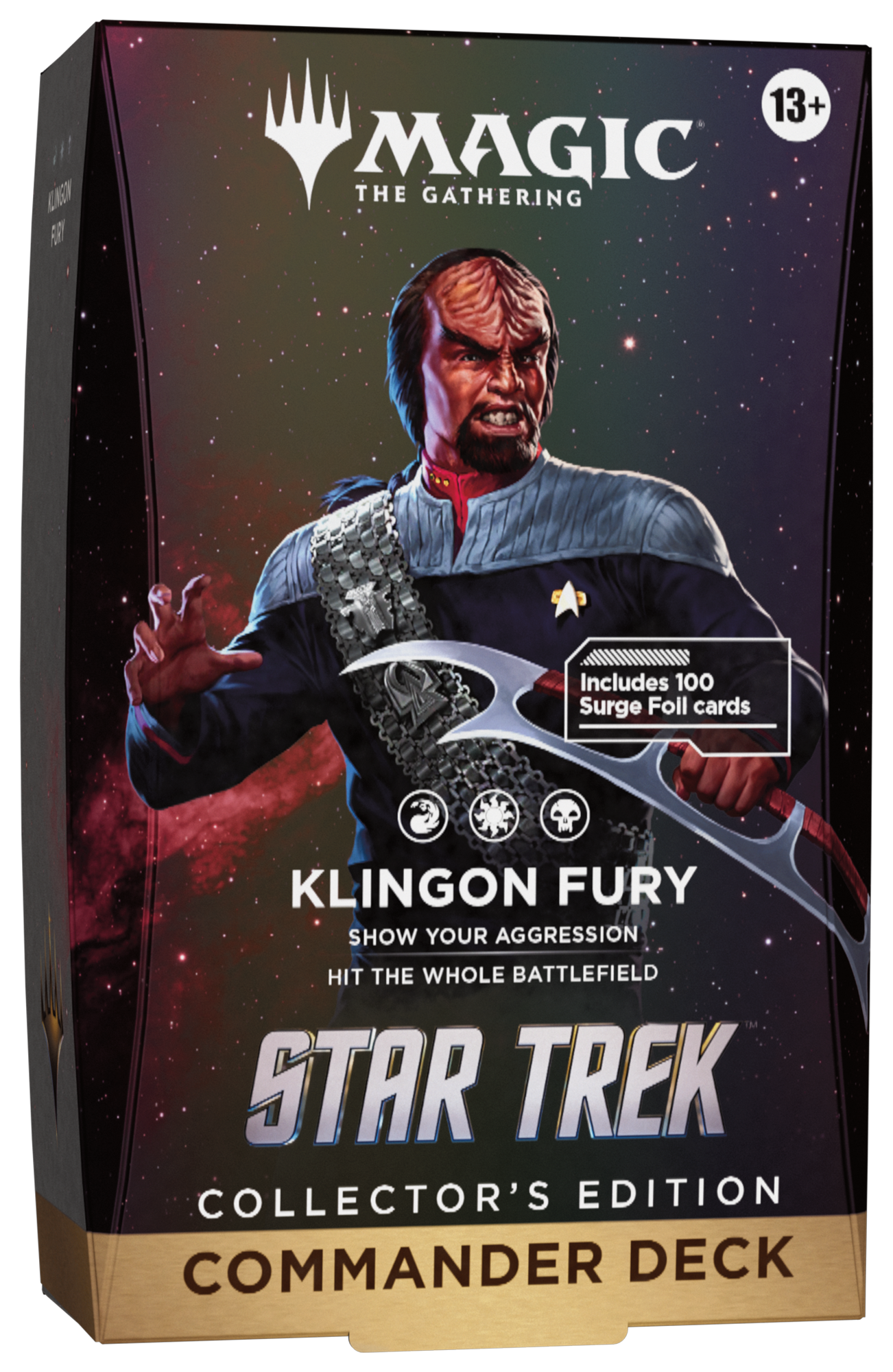 Magic: The Gathering Star Trek Collector's Edition Commander Deck box featuring Klingon Fury artwork, with a dark space-themed background and gold bottom border.