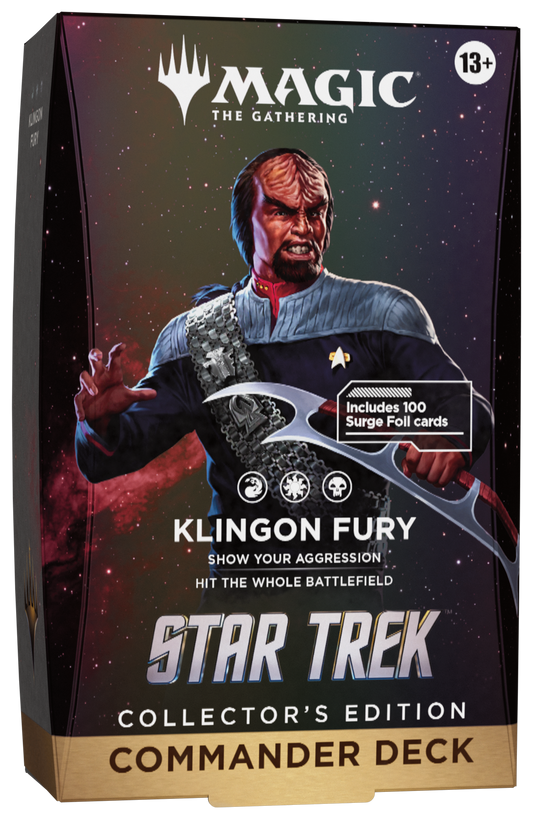 Magic: The Gathering Star Trek Collector's Edition Commander Deck box featuring Klingon Fury artwork, with a dark space-themed background and gold bottom border.