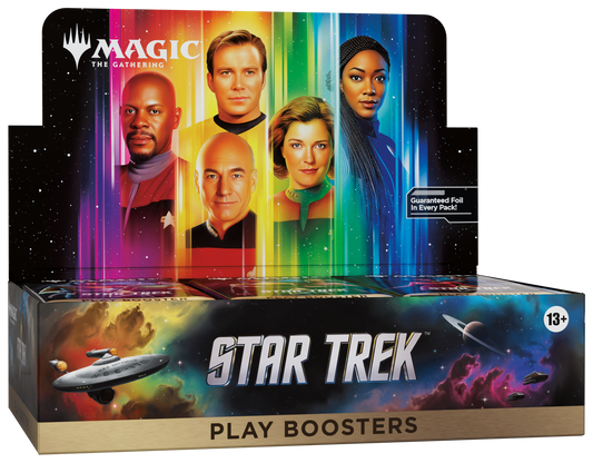 Magic: The Gathering Star Trek Play Boosters display box with character artwork and rainbow vertical stripes on the back panel, shown on a white background.