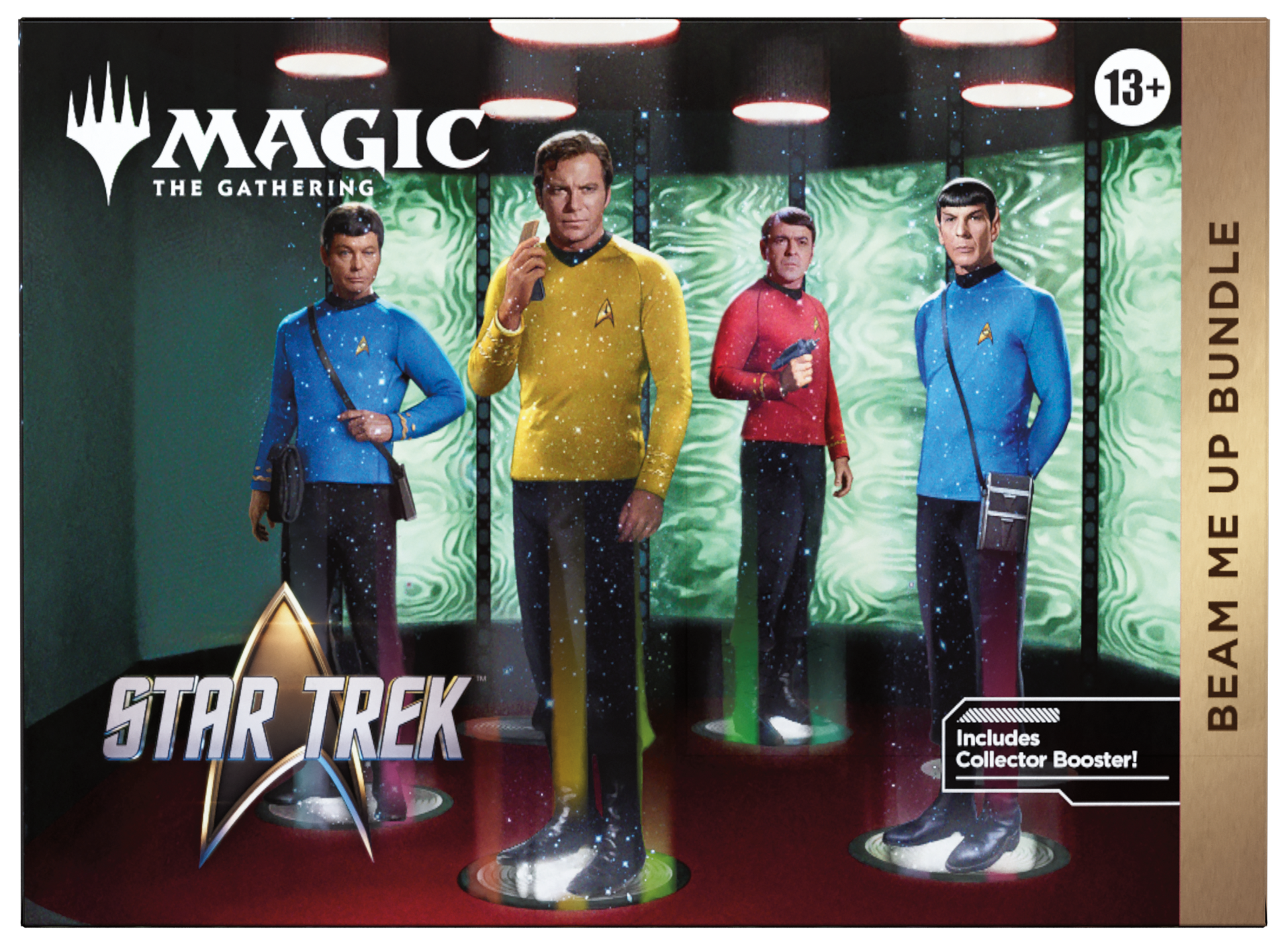 Magic: The Gathering Star Trek 'Beam Me Up Bundle' trading card box art, featuring four Star Trek crew members in blue, yellow, red, and dark uniforms standing in a corridor, with Magic: The Gathering branding and a Star Trek logo.