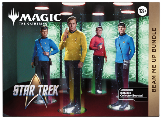 Magic: The Gathering Star Trek 'Beam Me Up Bundle' trading card box art, featuring four Star Trek crew members in blue, yellow, red, and dark uniforms standing in a corridor, with Magic: The Gathering branding and a Star Trek logo.