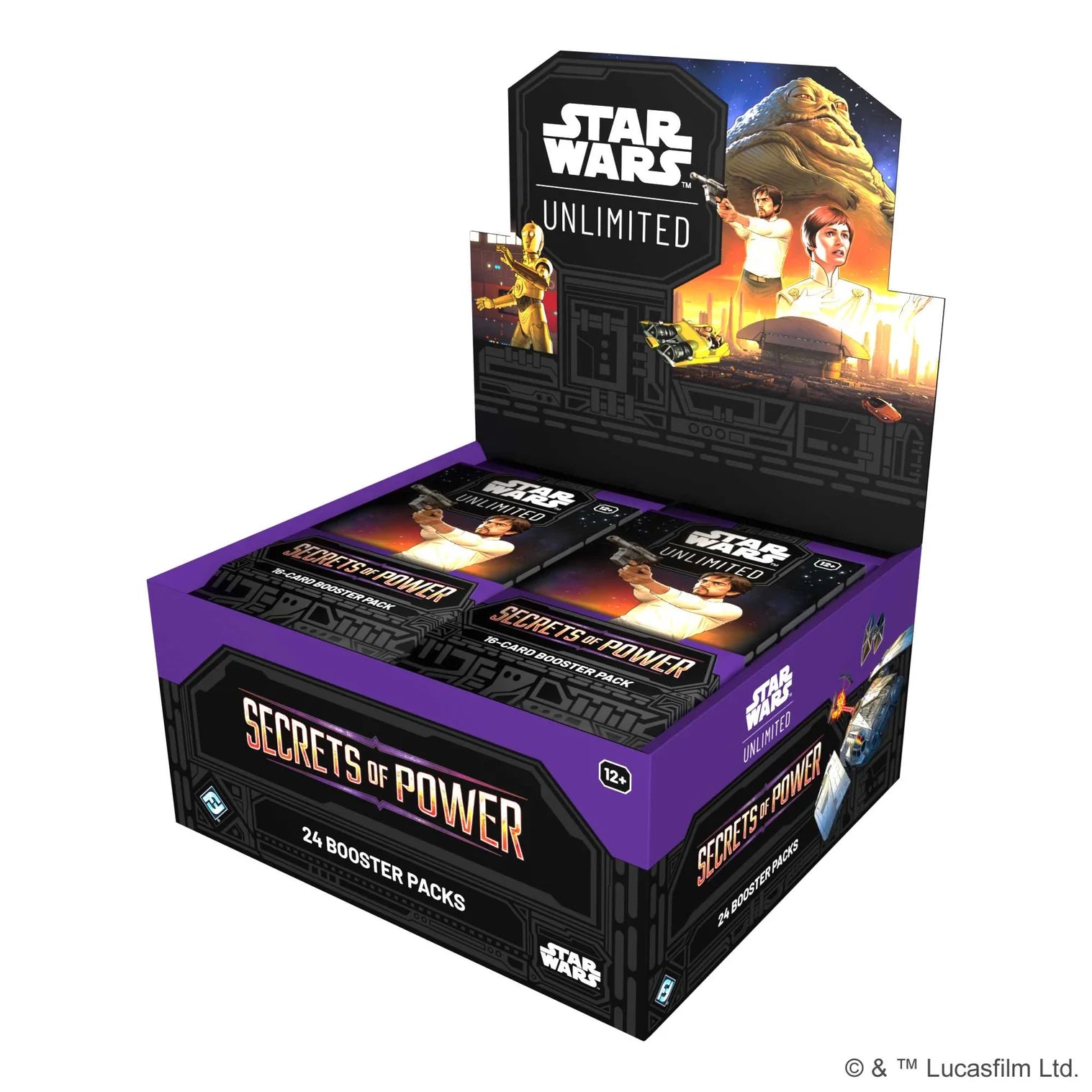 Star Wars Unlimited 'Secrets of Power' trading card game booster box on a white background