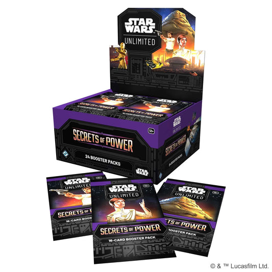 Star Wars Unlimited 'Secrets of Power' trading card game booster packs on a white background