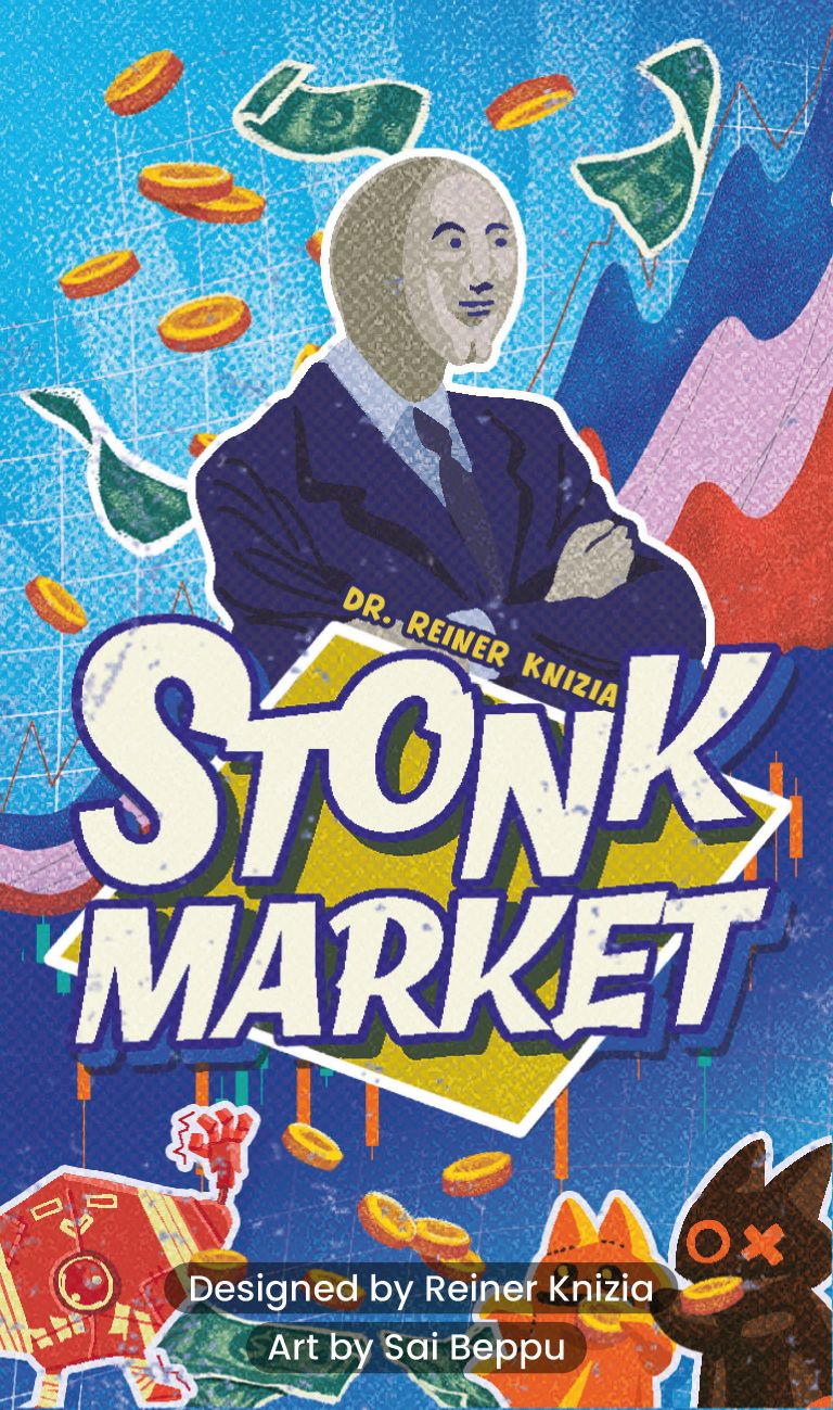 Stonk Market board game box with colorful design and text