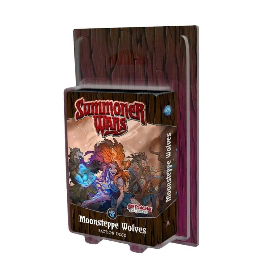 Summoner Wars: Moonsteppe Wolves faction deck in its clear plastic blister packaging with a dark wood-textured backing card, shown on a plain white background.
