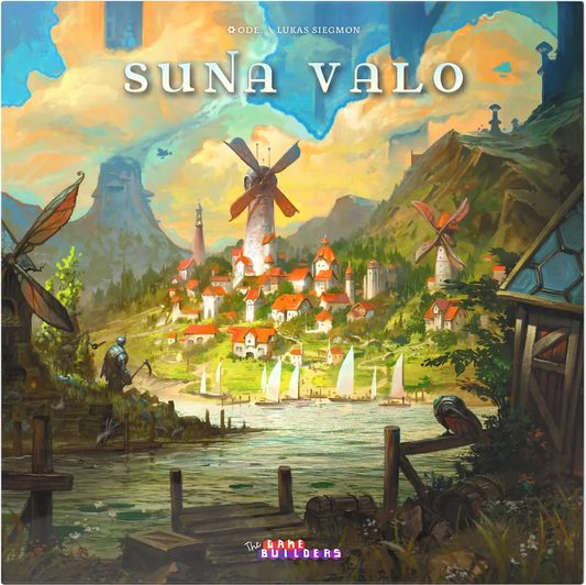 Cover of 'Suna Valo' with a fantasy landscape featuring windmills and a village.