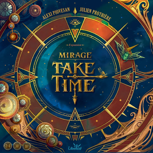 Board game box for 'Mirage: Take Time' with decorative elements and text.