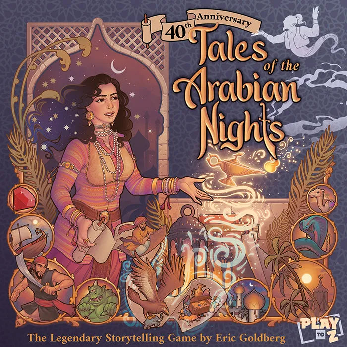 Cover of 'Tales of the Arabian Nights' board game with a woman and magical elements on a purple background.