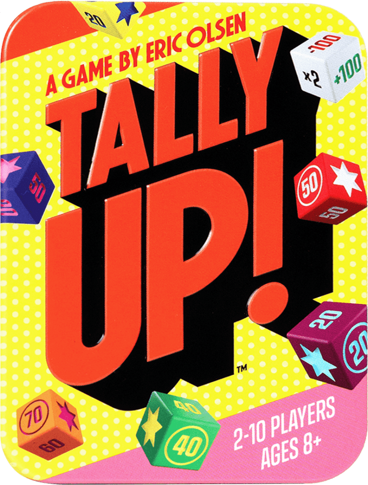 Game box for 'Tally Up!' by Eric Olsen with dice and colorful design.