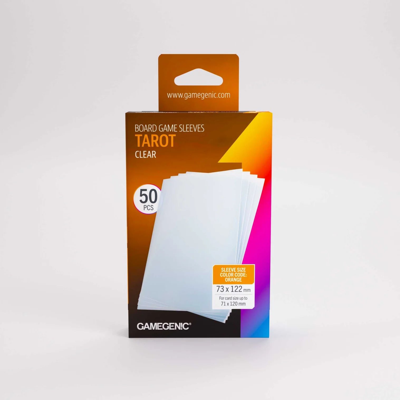 Packaging of Gamegenic board game sleeves for tarot cards on a white background