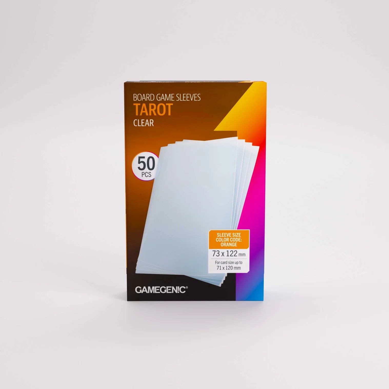 Pack of clear tarot card sleeves by Gamegenic on a white background