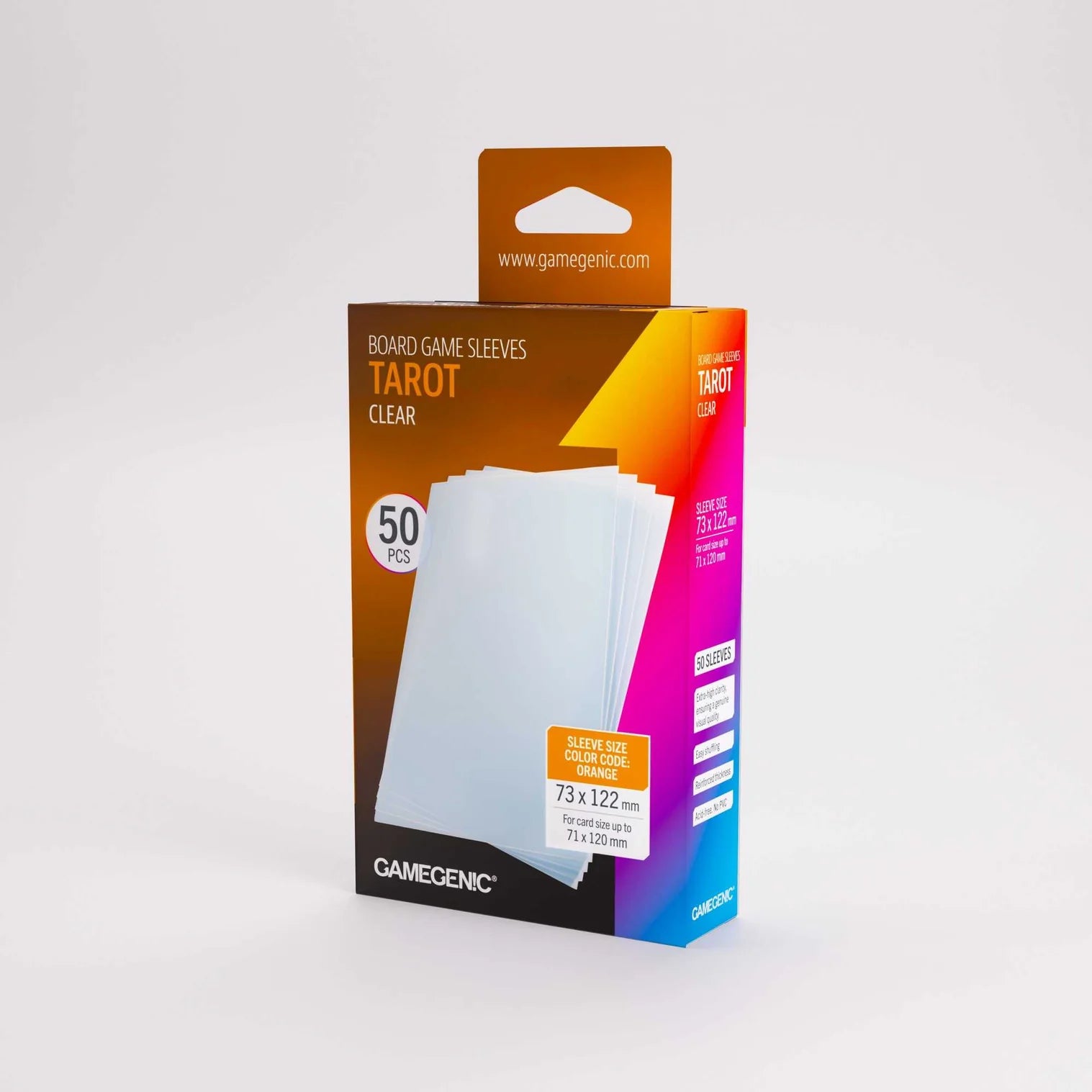 Pack of Gamegenic board game sleeves with clear tarot cards on a white background