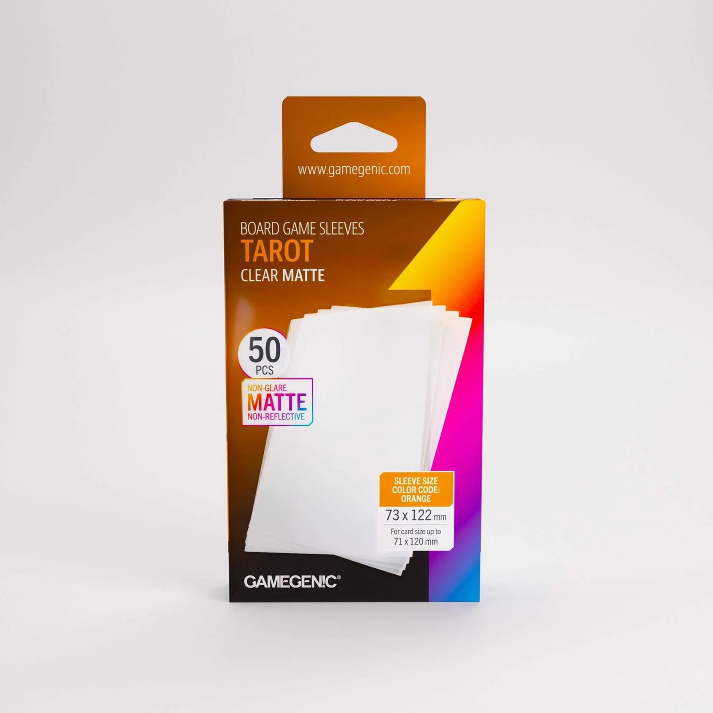 Packaging of Gamegenic board game sleeves for tarot cards on a white background