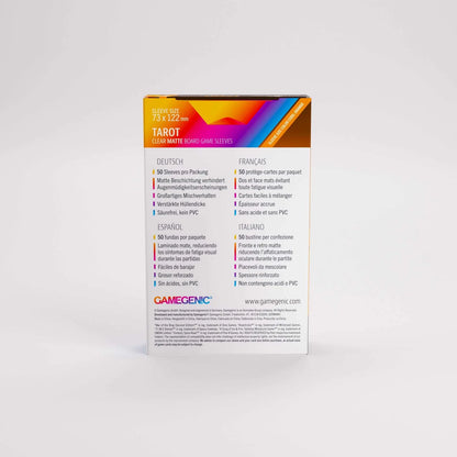 Cardboard packaging for Gamegenic tarot card protectors on a white background