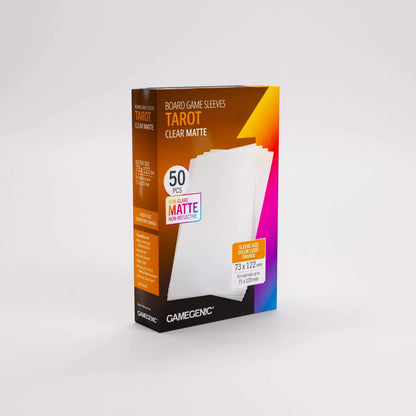 Box of Gamegenic Tarot Clear Matte board game sleeves on a white background