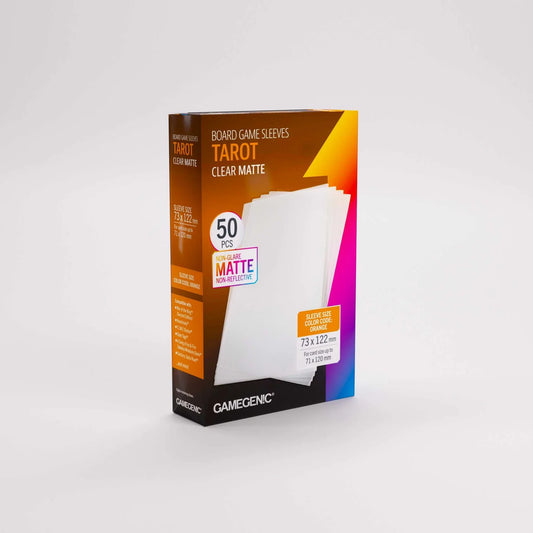 Box of Gamegenic Tarot Clear Matte board game sleeves on a white background