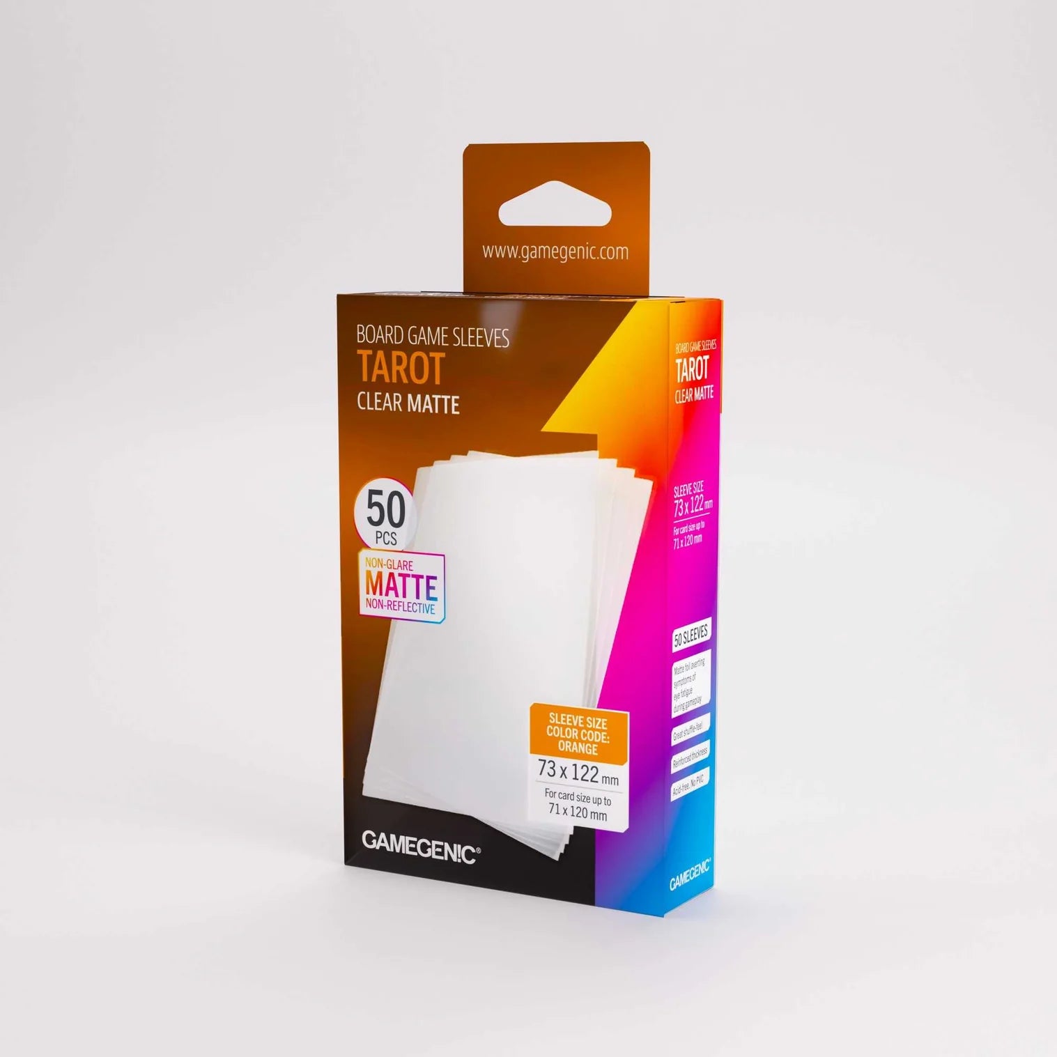 Packaging of Gamegenic board game sleeves for tarot cards on a white background