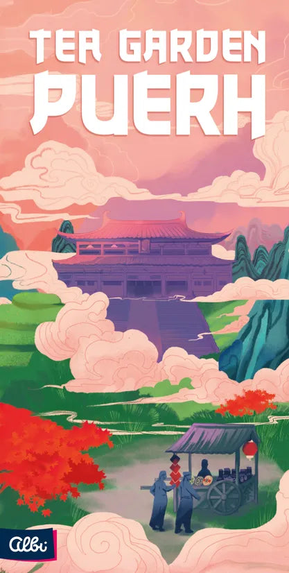 Illustration of a traditional Japanese scene with a temple and people, featuring the brand 'Albi'.