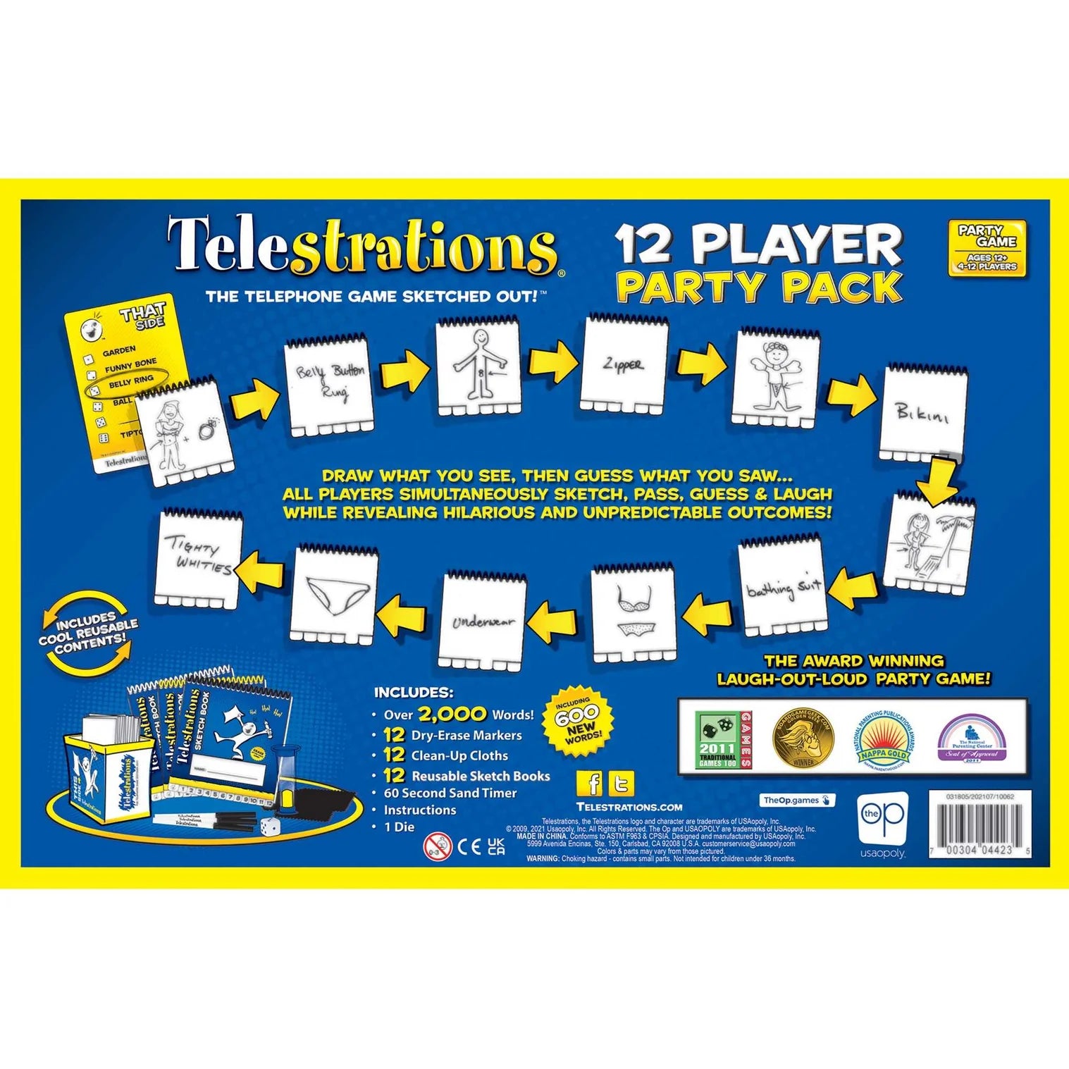 Telestrations 12 Player Party Pack game box with illustrations and text on a blue background