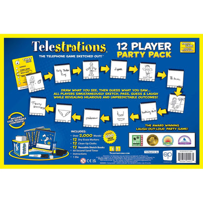 Telestrations 12 Player Party Pack game box with illustrations and text on a blue background