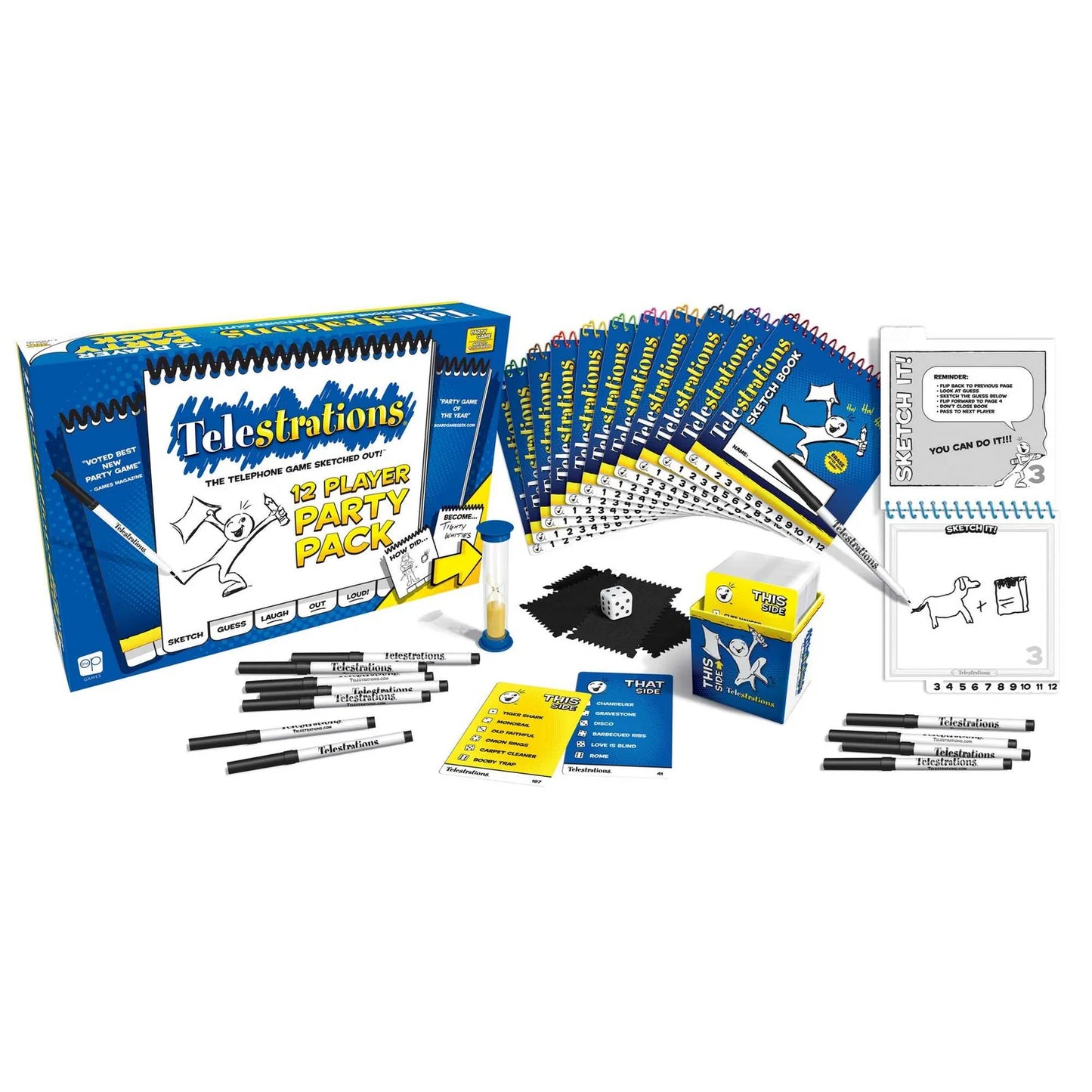 Telestrations game party pack with components on a white background