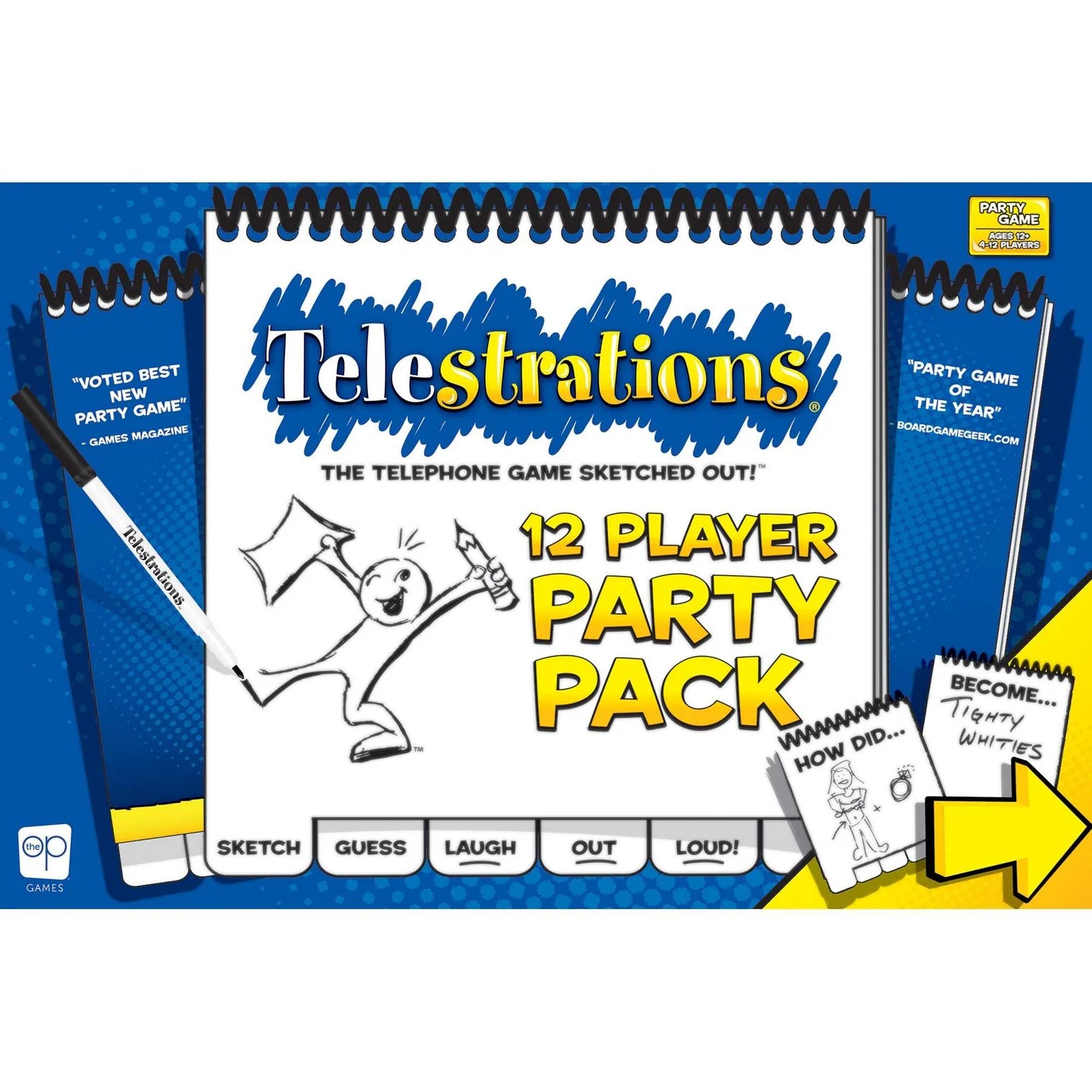 Telestrations 12 Player Party Pack with game book and markers on a blue background