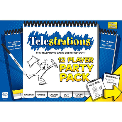 Telestrations 12 Player Party Pack with game book and markers on a blue background