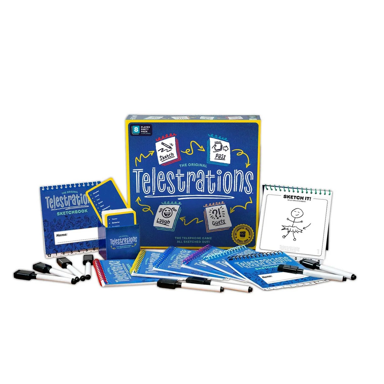 Telescriptions game set with packaging, cards, and markers on a white background