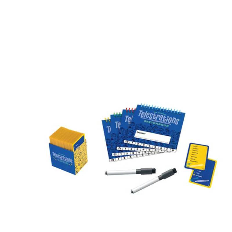 Telestrations game components including blue notebooks, yellow markers, and white markers on a white background.
