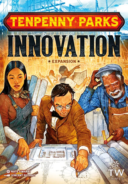 Front cover of the board game expansion 'Ten Penny Parks: Innovation' featuring illustrated workers in an industrial setting reviewing blueprints.