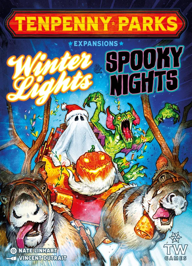 Front cover art for the board game expansion 'Ten Penny Parks: Winter Lights / Spooky Nights'. The illustration features a ghost in a Santa hat riding a sleigh pulled by reindeer, with a jack-o'-lantern and green monsters in the background under a dark blue sky.