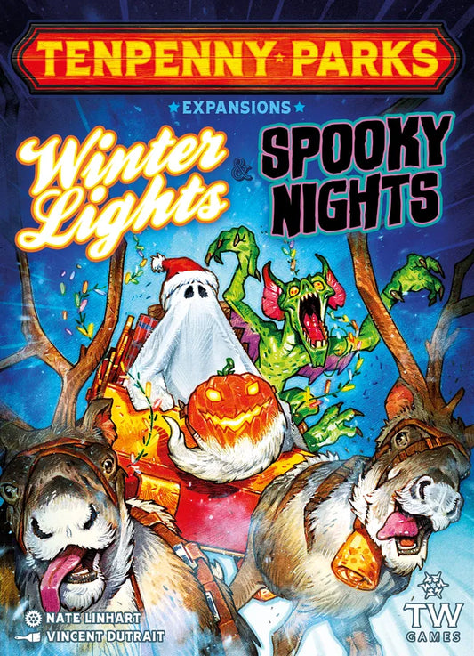 Front cover art for the board game expansion 'Ten Penny Parks: Winter Lights / Spooky Nights'. The illustration features a ghost in a Santa hat riding a sleigh pulled by reindeer, with a jack-o'-lantern and green monsters in the background under a dark blue sky.