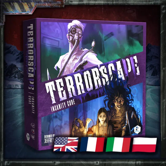 Terrorscape: Insanity Core board game box shown at a three-quarter angle, featuring horror-themed illustrated artwork on the front and spine. The box is purple with large white title text and smaller character illustrations.