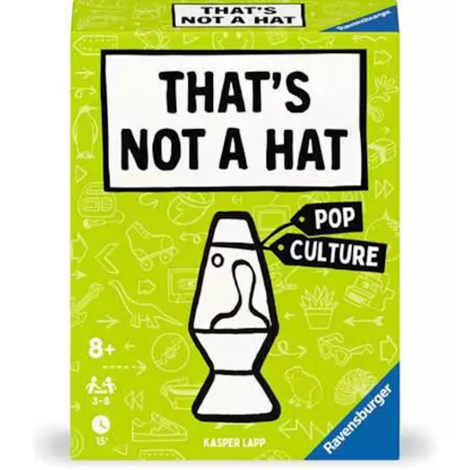 Ravensburger Kasper Lapp 'That's Not a Hat' game box, featuring a bright lime green background with white line drawings of pop culture objects and a central black-and-white lava lamp illustration.