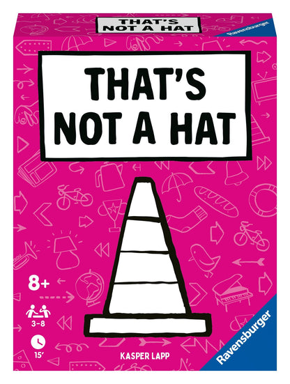 Board game box titled 'That's Not a Hat' by Ravensburger on a pink background.
