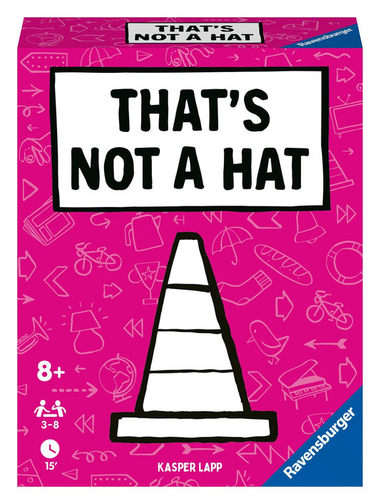 Board game box titled 'That's Not a Hat' by Ravensburger on a pink background.
