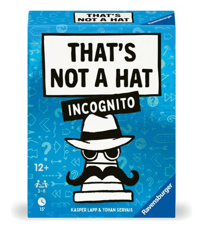Board game box for 'That's Not a Hat Incognito' by Ravensburger with a blue background and white hat illustration.